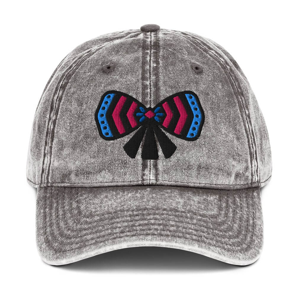 unisex gray cotton twill cap with a bow embroidery front