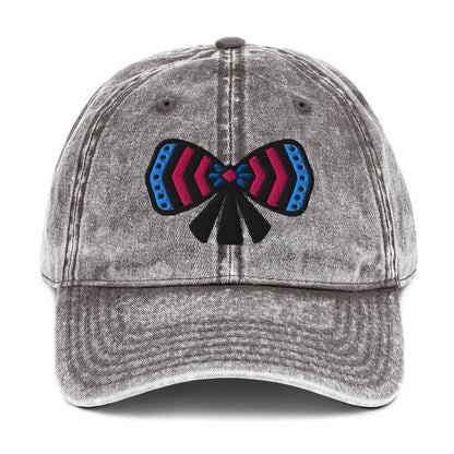 unisex gray cotton twill cap with a bow embroidery front