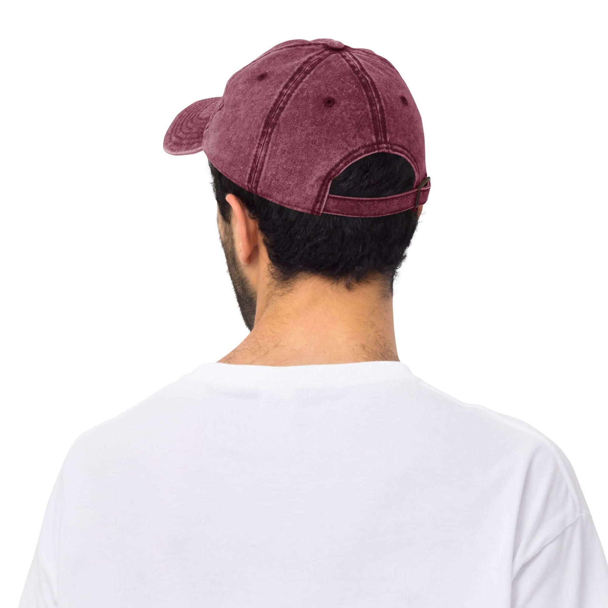 Man wearing a maroon cotton twill baseball cap
