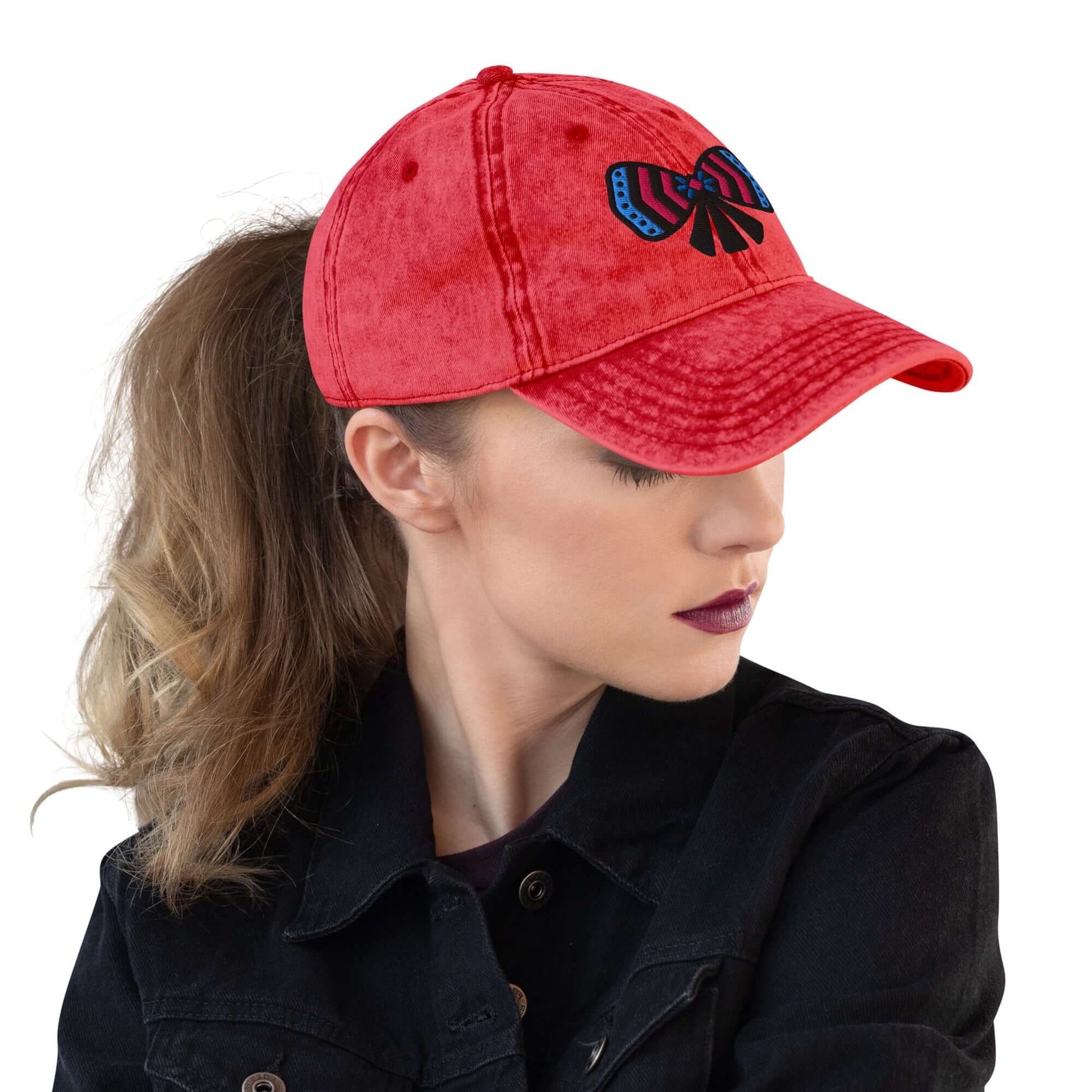 women's red cotton twill cap with a ribbon bow embroidery on front
