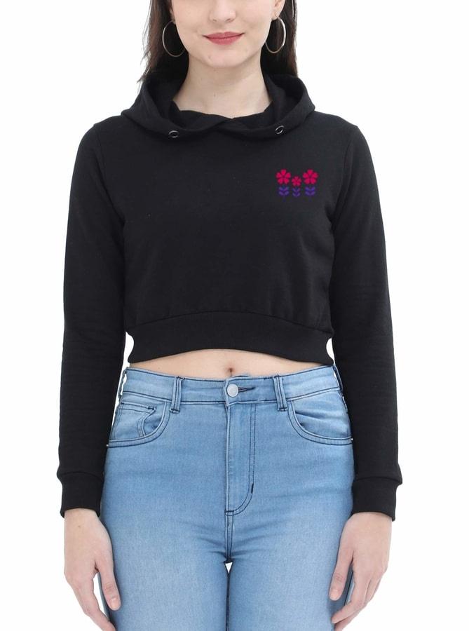 cropped hoodie black with floral embroidery