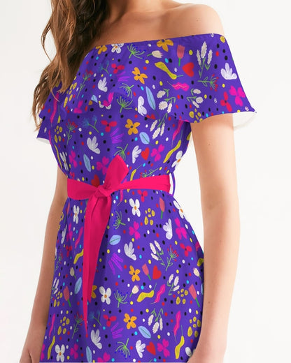 Blue Floral Dress for Women with Pink Waist Tie