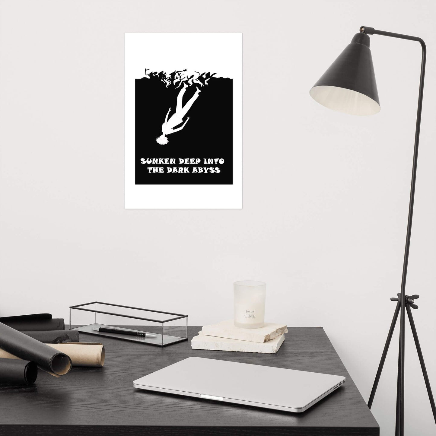Minimalist wall poster decoration beside a study table